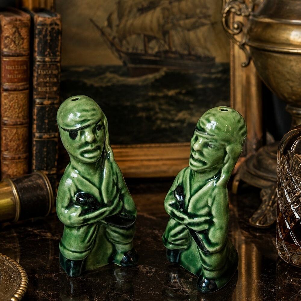 Vintage MCM Green Pirate Salt & Pepper Shakers Ceramic Figural Pair